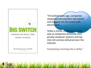 “ A hundred years ago, companies stopped producing their own power and plugged into the newly built electric grid… Today a similar revolution is under way as companies dismantle their private computer systems and tap into rich services delivered over the Internet. Computing is turning into a utility.” 