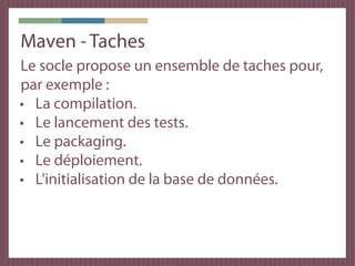 Développement d'un noyau
Couche service
Contient la logique métier de l'application.

Elle utilise la couche DAO pour accéder aux
données. Elle est testée grace à JUnit et
Eclemma.

Couche indépendante des technologies sous-
jacentes.
 