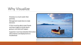 Why Visualize
Dashboard
Management needs facts to make
decisions
IT Pro’s must be able to spot Trends
and have insights to know what’s
going on and what will happen
Supporters must have detailed information
about devices and deployments to
troubleshoot
Knowing is so much cooler than
guessing:
 