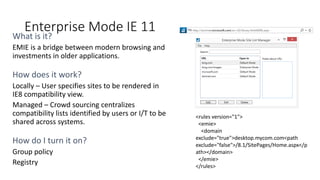 Enterprise Mode IE 11
What is it?
How does it work?
Locally – User specifies sites to be rendered in
IE8 compatibility view.
Managed – Crowd sourcing centralizes
compatibility lists identified by users or I/T to be
shared across systems.
How do I turn it on?
Group policy
Registry
<rules version="1">
<emie>
<domain
exclude="true">desktop.mycom.com<path
exclude="false">/8.1/SitePages/Home.aspx</p
ath></domain>
</emie>
</rules>
 
