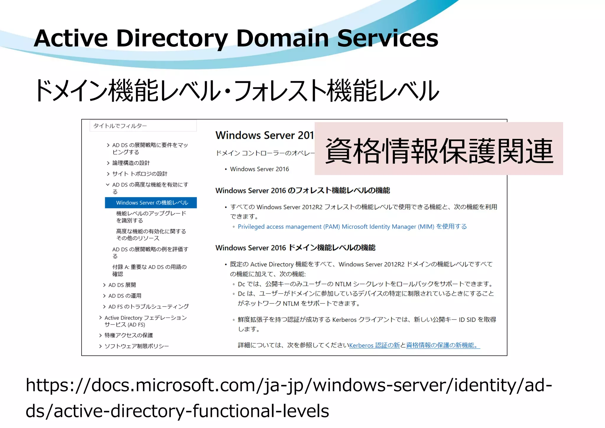Active Directory Domain Services
ドメイン機能レベル・フォレスト機能レベル
https://docs.microsoft.com/ja-jp/windows-server/identity/ad-
ds/active-directory-functional-levels
資格情報保護関連
 