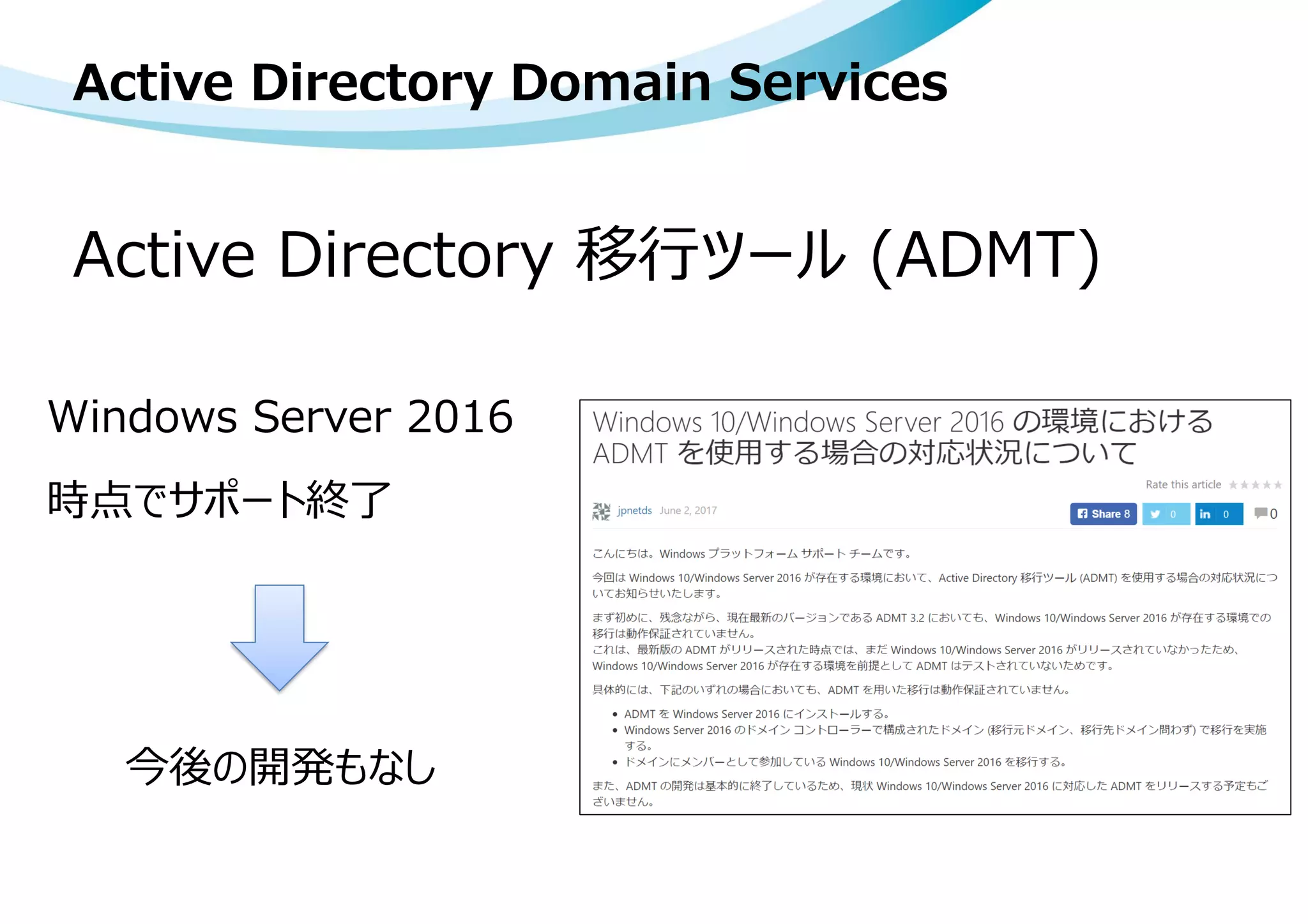 Active Directory 移行ツール (ADMT)
Windows Server 2016
時点でサポート終了
今後の開発もなし
Active Directory Domain Services
 