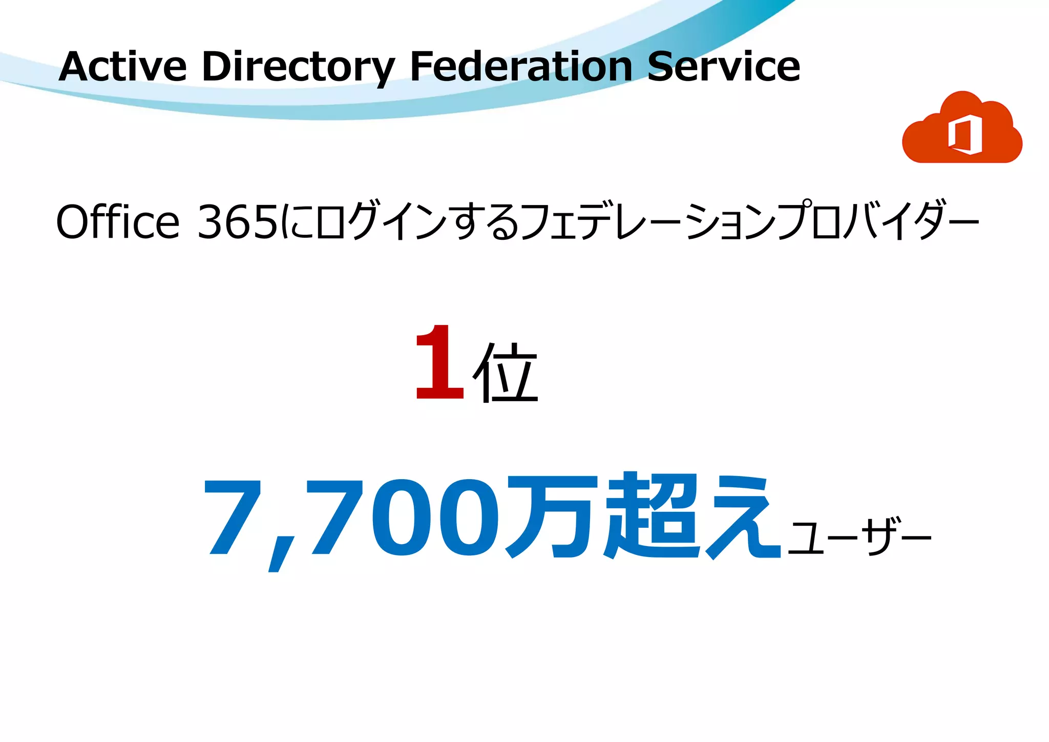 Office 365にログインするフェデレーションプロバイダー
7,700万超えユーザー
1位
Active Directory Federation Service
 