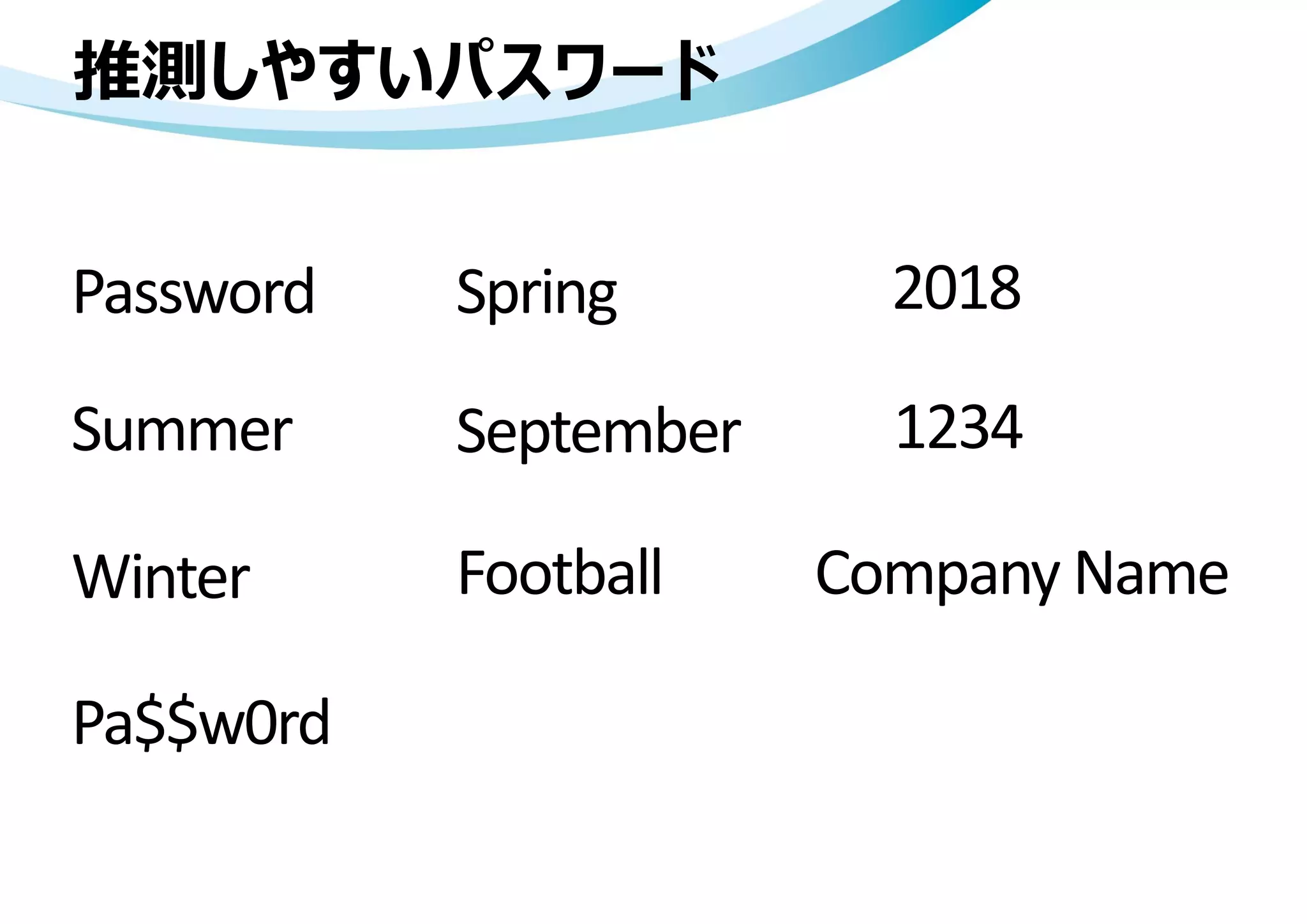 推測しやすいパスワード
Password
Summer
Winter
Spring
September
Football
2018
1234
Company Name
Pa$$w0rd
 