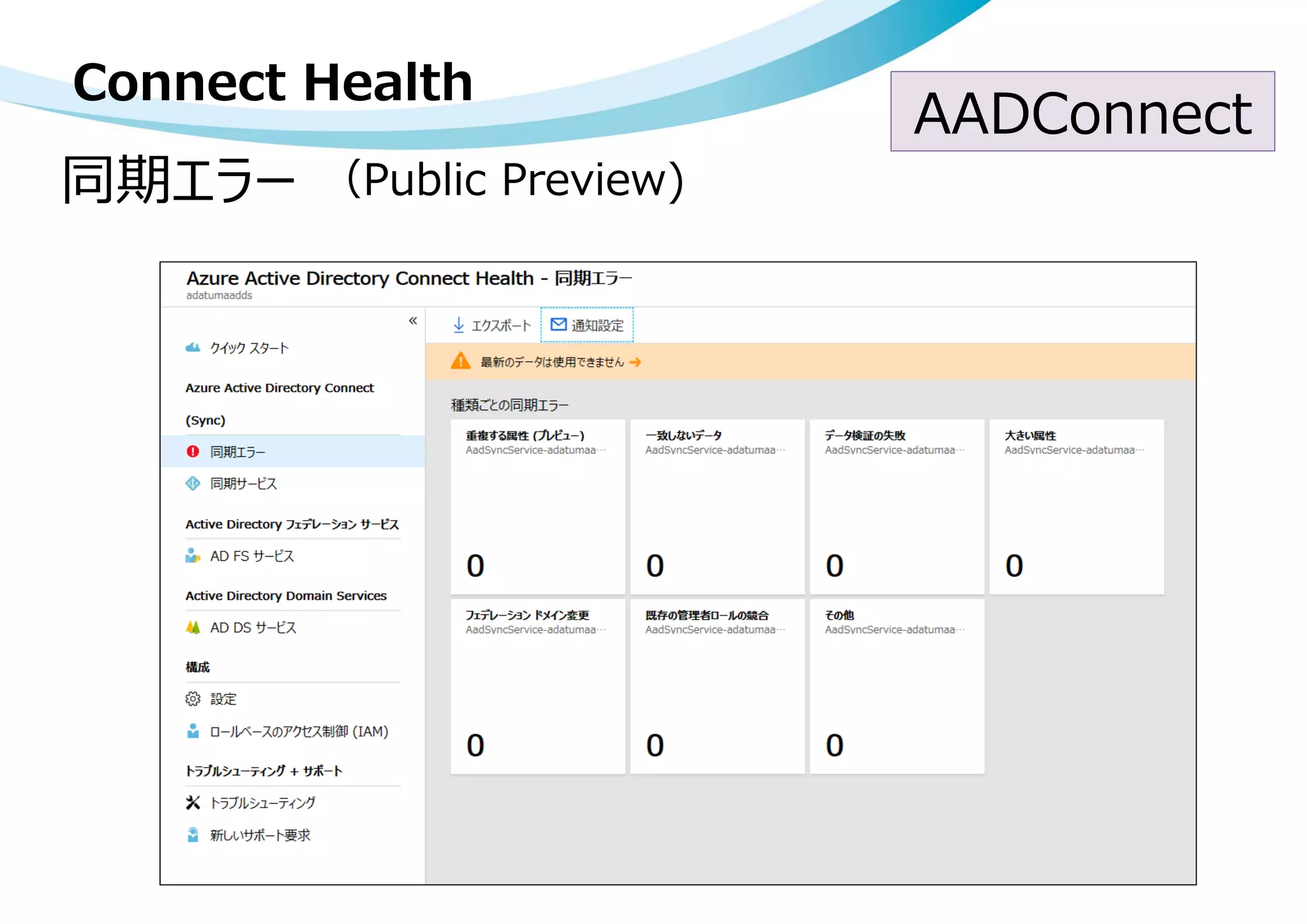Connect Health
同期エラー （Public Preview)
AADConnect
 