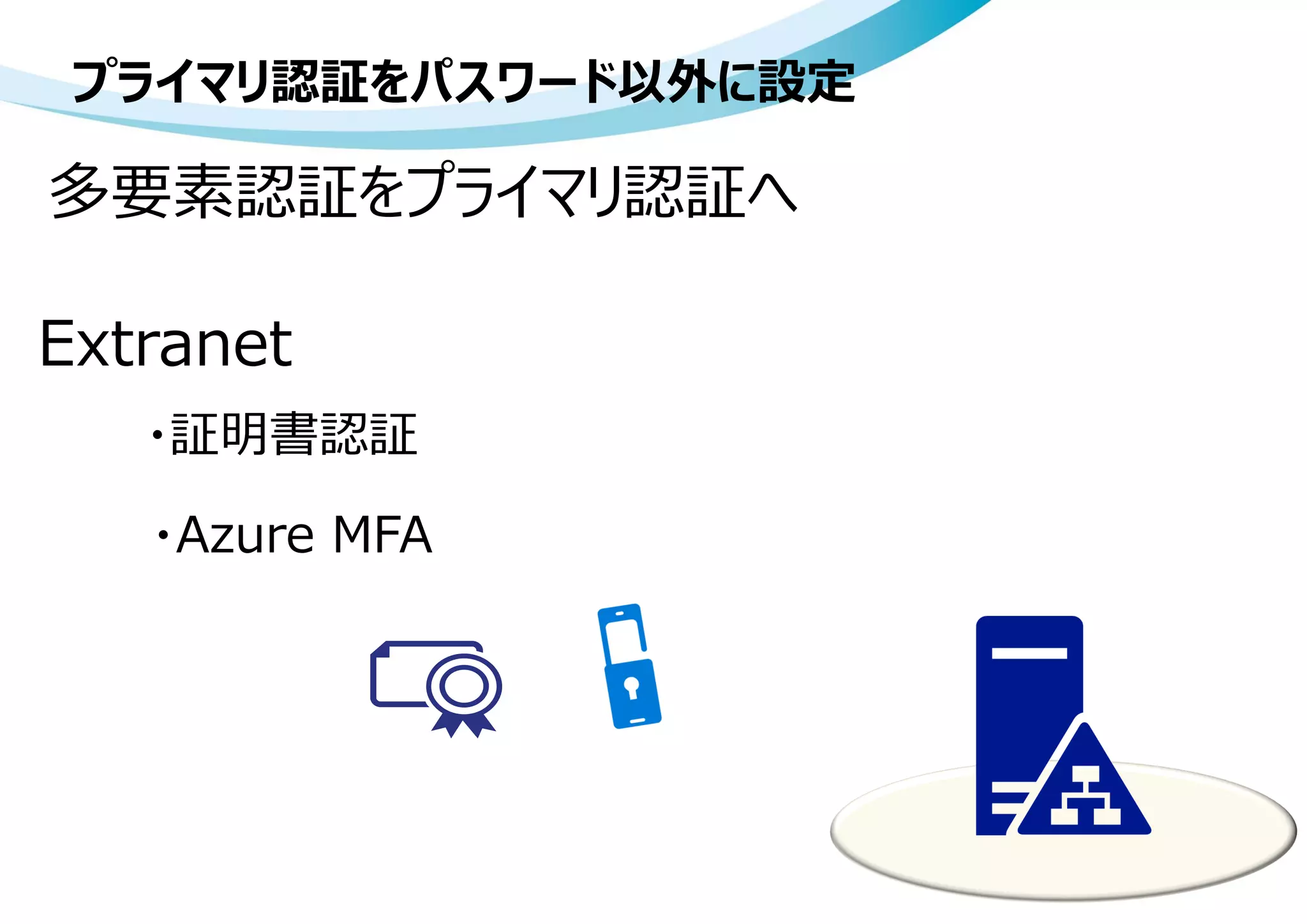プライマリ認証をパスワード以外に設定
多要素認証をプライマリ認証へ
Extranet
・証明書認証
・Azure MFA
 