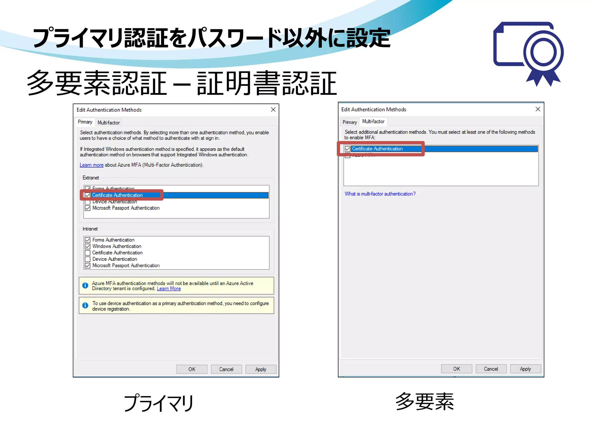 プライマリ認証をパスワード以外に設定
多要素認証－証明書認証
プライマリ 多要素
 