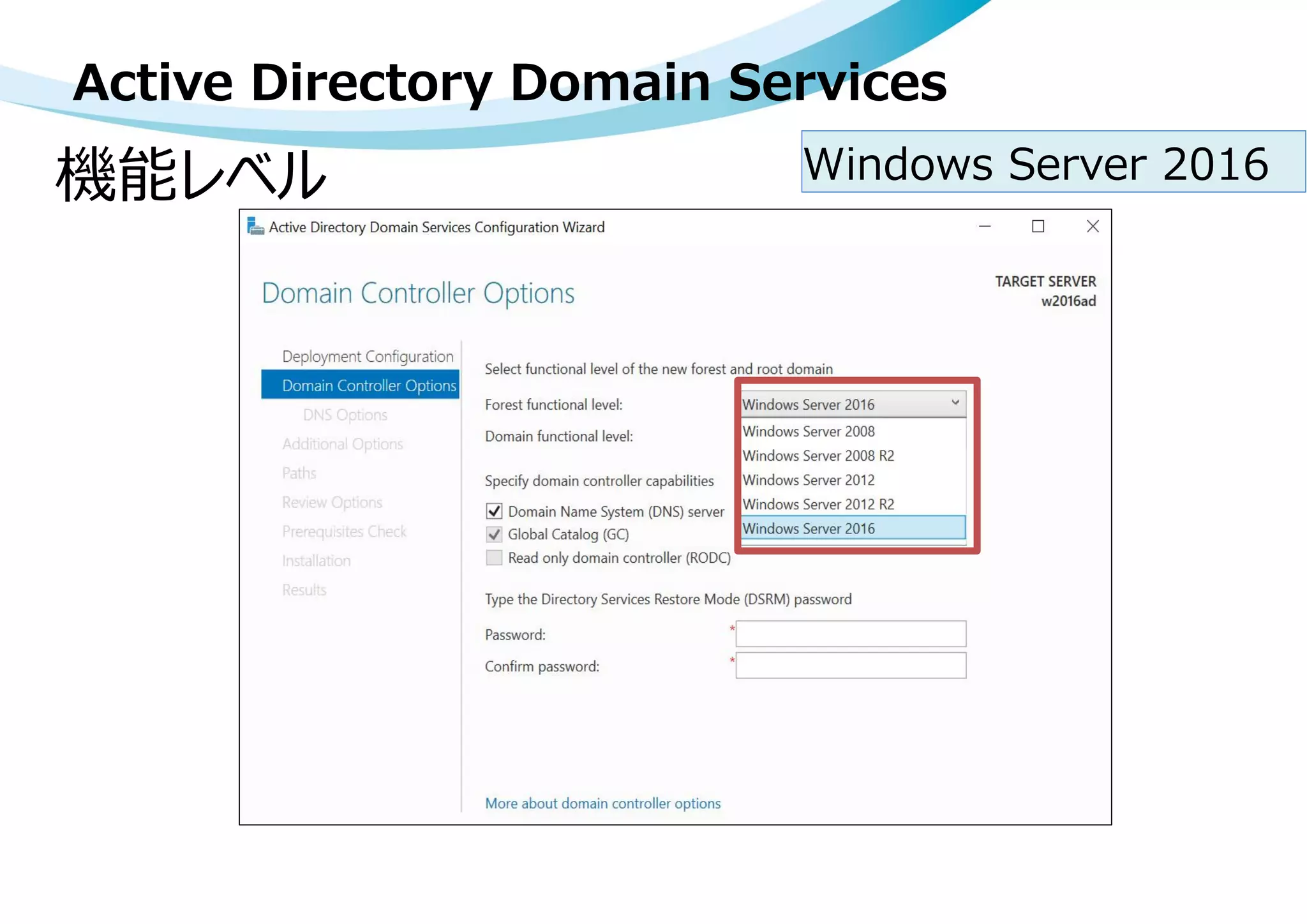 機能レベル Windows Server 2016
Active Directory Domain Services
 