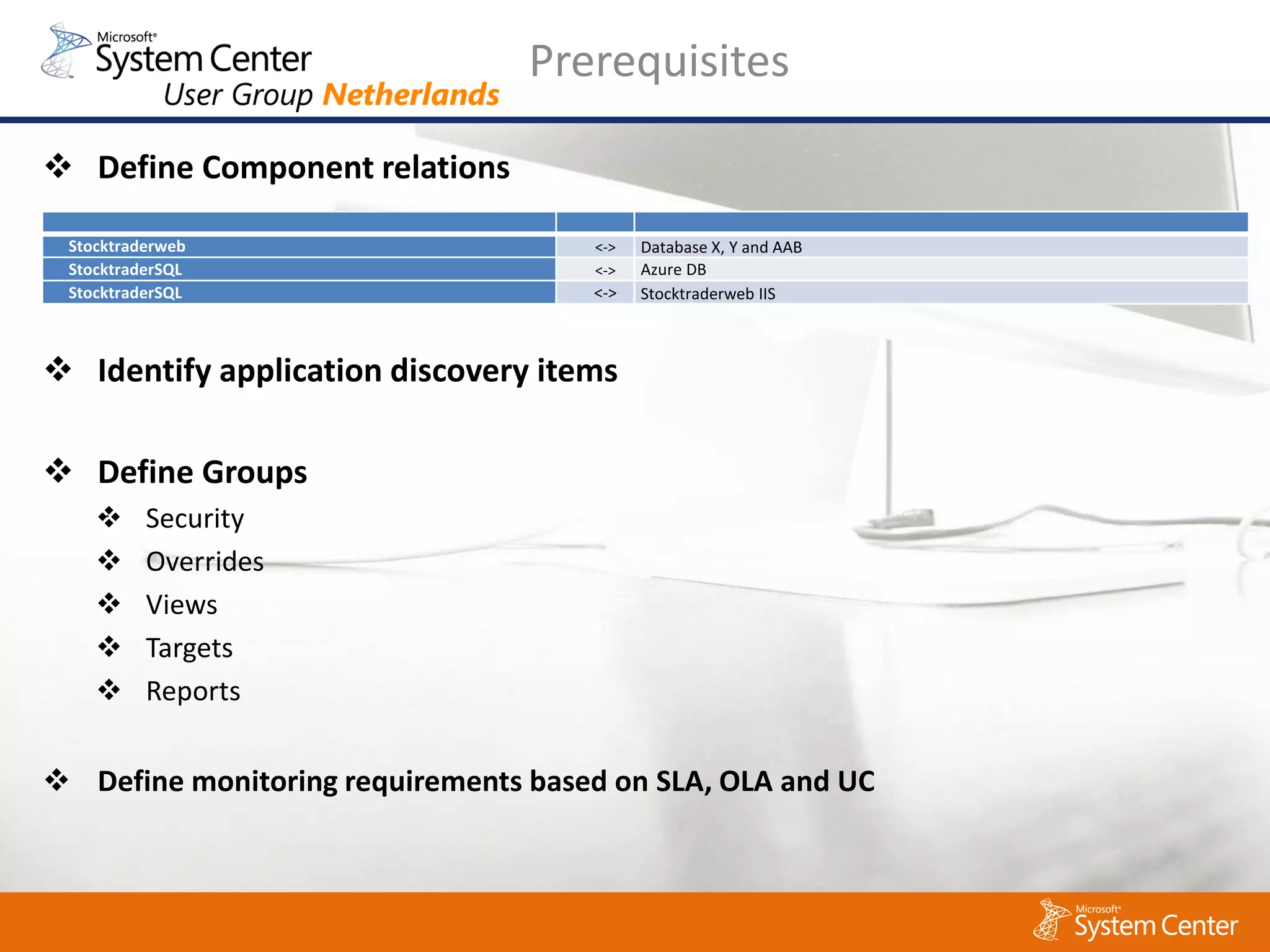 Prerequisites

 Define Component relations

 Stocktraderweb                      <->   Database X, Y and AAB
 StocktraderSQL                      <->   Azure DB
 StocktraderSQL                      <->   Stocktraderweb IIS



 Identify application discovery items

 Define Groups
    
    .
          Security
         Overrides
         Views
         Targets
         Reports


 Define monitoring requirements based on SLA, OLA and UC
 