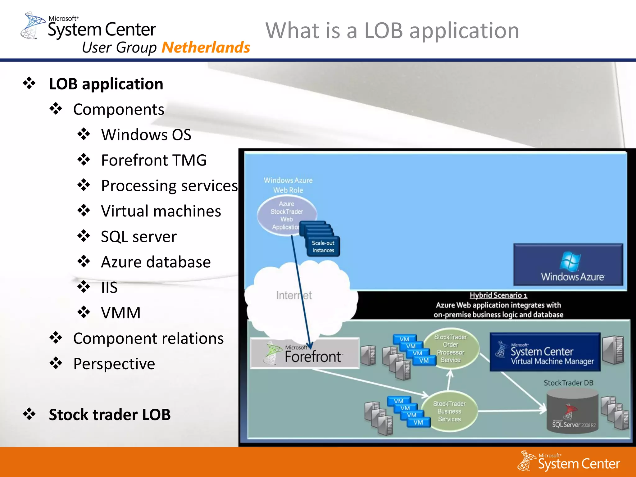 What is a LOB application

 LOB application
   Components
      Windows OS
      Forefront TMG
      Processing services
      Virtual machines
      SQL server
      Azure database
      IIS
      VMM
   Component relations
   Perspective

 Stock trader LOB
 