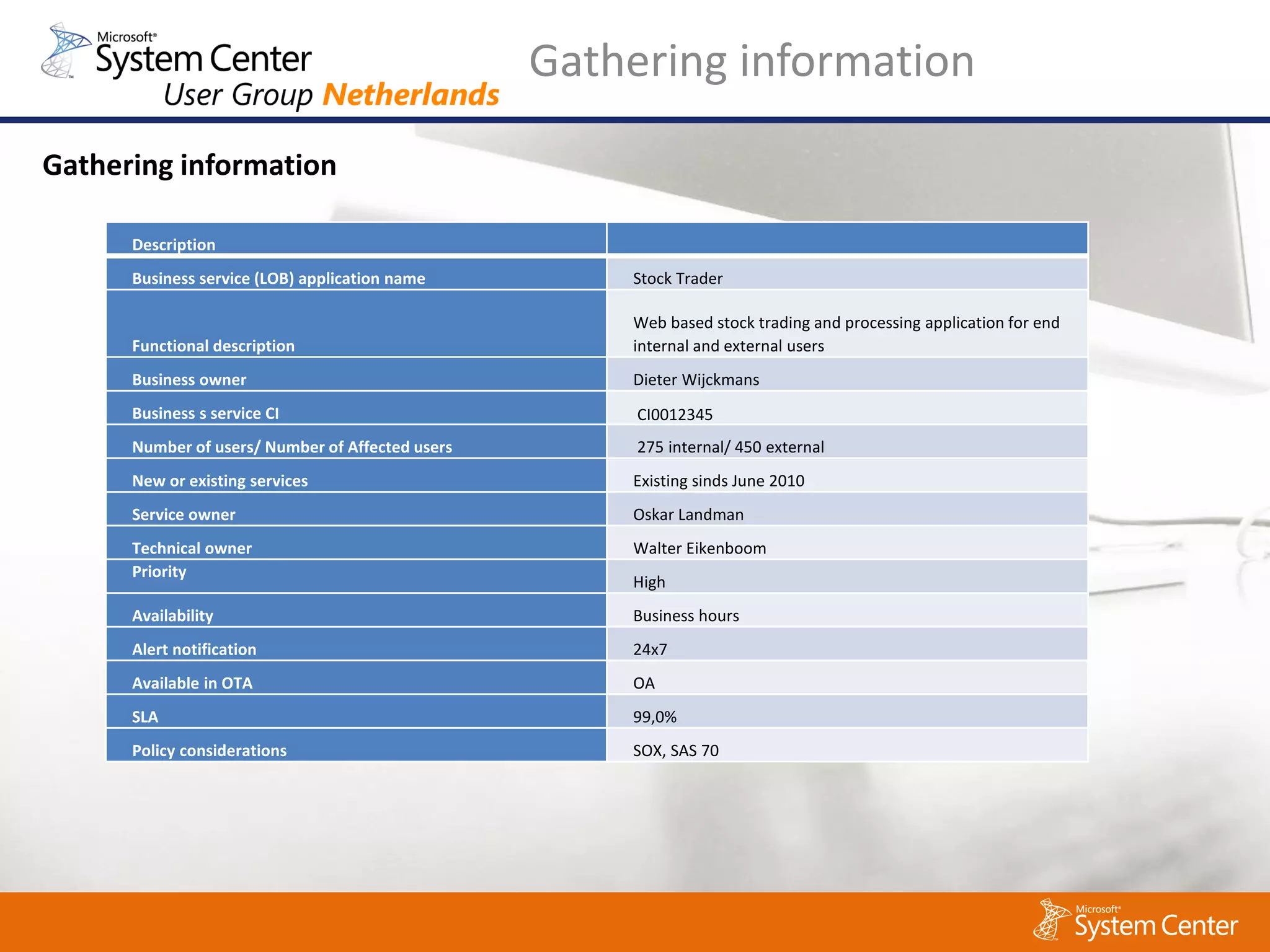 Gathering information

Gathering information

      Description
      Business service (LOB) application name         Stock Trader

                                                      Web based stock trading and processing application for end
      Functional description                          internal and external users
      Business owner                                  Dieter Wijckmans
      Business s service CI                            CI0012345
      Number of users/ Number of Affected users        275 internal/ 450 external
      New or existing services                        Existing sinds June 2010
      Service owner                                   Oskar Landman
      Technical owner                                 Walter Eikenboom
      Priority
                                                      High
      Availability                                    Business hours
      Alert notification                              24x7
      Available in OTA                                OA
      SLA                                             99,0%
      Policy considerations                           SOX, SAS 70
 