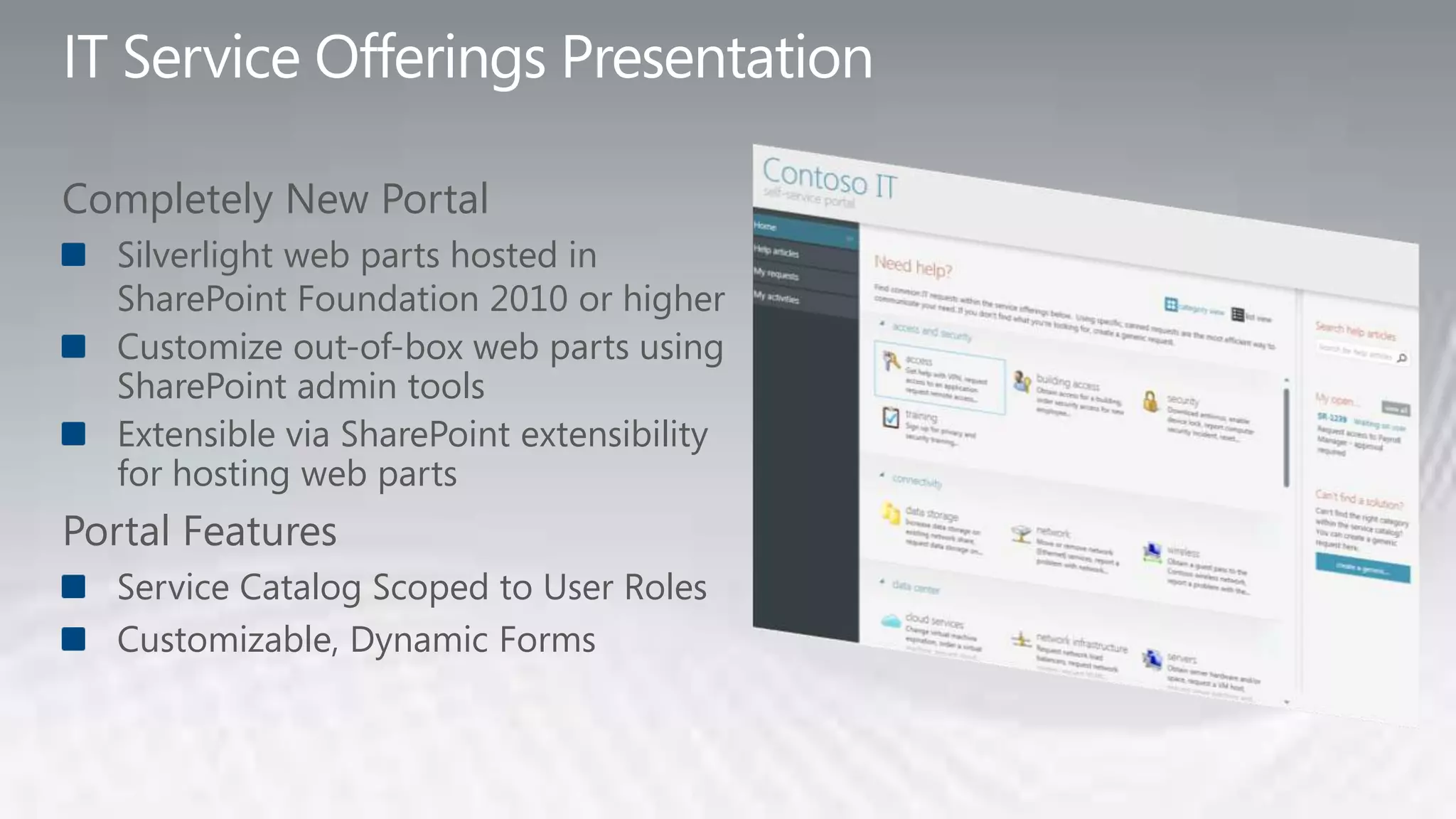Completely New Portal
  Silverlight web parts hosted in
  SharePoint Foundation 2010 or higher
  Customize out-of-box web parts using
  SharePoint admin tools
  Extensible via SharePoint extensibility
  for hosting web parts
Portal Features
  Service Catalog Scoped to User Roles
  Customizable, Dynamic Forms
 