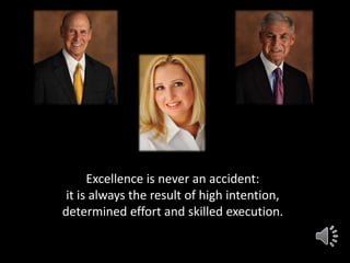 Excellence is never an accident:
it is always the result of high intention,
determined effort and skilled execution.
 