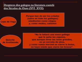 Desprezo dos galegos na literatura castelá dos Séculos de Ouro (XVI_XVII) Lope de Vega Porque han de ser los criados (salvo en todo los gallegos) obedientes como ciegos,  y, como mudos, callados Quixote  de Avellaneda "No le faltará una moza gallega  que le quite los zapatos,  que aunque tiene las tetas grandes,  es ya cerrada de años,  y como vuesa merced no cierre la bolsa,  no haya miedo que cierre los brazos".  