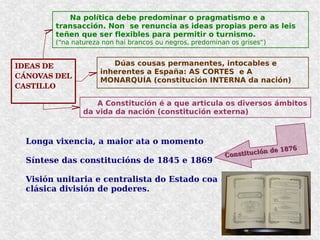 Longa vixencia, a maior ata o momento
Síntese das constitucións de 1845 e 1869
Visión unitaria e centralista do Estado coa
clásica división de poderes.
IDEAS DE 
CÁNOVAS DEL 
CASTILLO
Na política debe predominar o pragmatismo e a
transacción. Non se renuncia as ideas propias pero as leis
teñen que ser flexibles para permitir o turnismo.
(“na natureza non hai brancos ou negros, predominan os grises”)
A Constitución é a que articula os diversos ámbitos
da vida da nación (constitución externa)
Dúas cousas permanentes, intocables e
inherentes a España: AS CORTES e A
MONARQUÍA (constitución INTERNA da nación)
Constitución de 1876
Constitución de 1876
 