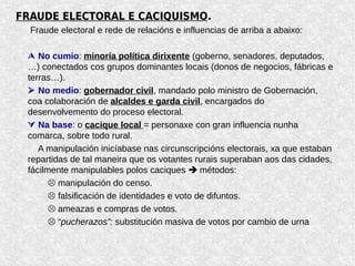 FRAUDE ELECTORAL E CACIQUISMO.
- Fraude electoral e rede de relacións e influencias de arriba a abaixo:
-
 No cumio: minoría política dirixente (goberno, senadores, deputados,
…) conectados cos grupos dominantes locais (donos de negocios, fábricas e
terras…).
 No medio: gobernador civil, mandado polo ministro de Gobernación,
coa colaboración de alcaldes e garda civil, encargados do
desenvolvemento do proceso electoral.
 Na base: o cacique local = personaxe con gran influencia nunha
comarca, sobre todo rural.
A manipulación inicíabase nas circunscripcións electorais, xa que estaban
repartidas de tal maneira que os votantes rurais superaban aos das cidades,
fácilmente manipulables polos caciques  métodos:
 manipulación do censo.
 falsificación de identidades e voto de difuntos.
 ameazas e compras de votos.
 “pucherazos”: substitución masiva de votos por cambio de urna
 