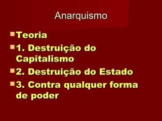 AnarquismoAnarquismo
 TeoriaTeoria
 1. Destruição do1. Destruição do
CapitalismoCapitalismo
 2. Destruição do Estado2. Destruição do Estado
 3. Contra qualquer forma3. Contra qualquer forma
de poderde poder
 