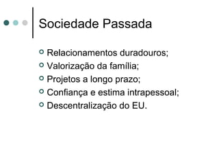 Sociedade Passada
Relacionamentos duradouros;
Valorização da família;
Projetos a longo prazo;
Confiança e estima intrapessoal;
Descentralização do EU.
