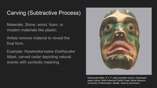 Carving (Subtractive Process)
Materials: Stone, wood, foam, or
modern materials like plastic.
Artists remove material to reveal the
final form.
Example: Kwakwaka’wakw Earthquake
Mask, carved cedar depicting natural
events with symbolic meaning.
Earthquake Mask, 9” x 7”, early twentieth century. Kwakwaka’
wakw culture, North American Pacific Coast. Burke Museum,
University of Washington, Seattle. Used by permission.
 