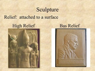 Sculpture
Relief: attached to a surface
    High Relief                 Bas Relief
 