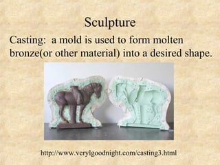 Sculpture
Casting: a mold is used to form molten
bronze(or other material) into a desired shape.




       http://www.verylgoodnight.com/casting3.html
 