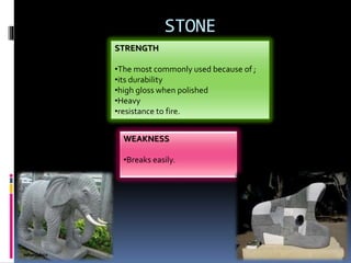 STONE
STRENGTH
•The most commonly used because of ;
•its durability
•high gloss when polished
•Heavy
•resistance to fire.
WEAKNESS
•Breaks easily.
 