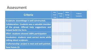 Assessment
Criteria
Very
Good
5 pts.
Average
4 pts.
Below
Average
3 pts.
Sculpture
Comments
Sculpture- assemblage is well constructed.
Collaboration- Students was a valuable member
of the group. Offered help suggestions and
helped build the form.
Effort- students showed 100% participation
Vocabulary- students used correct terms while
talking about sculpture.
Craftsmanship- project is neat and well painted.
Total Points 25
 