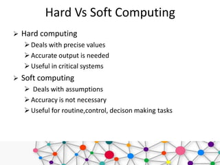  Hard computing
Deals with precise values
Accurate output is needed
Useful in critical systems
 Soft computing
 Deals with assumptions
Accuracy is not necessary
Useful for routine,control, decison making tasks
Hard Vs Soft Computing
 