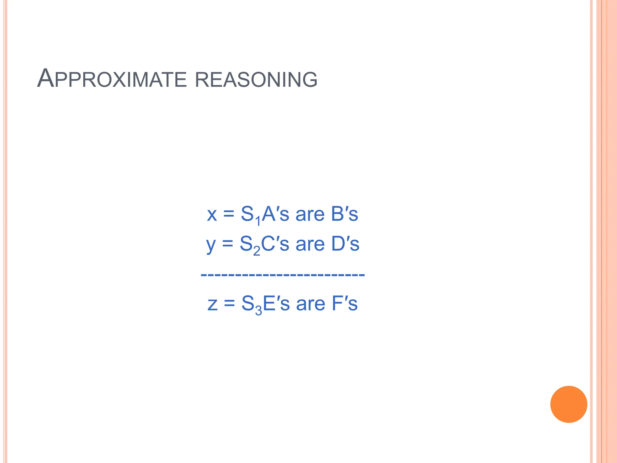 APPROXIMATE REASONING
x = S1A′s are B′s
y = S2C′s are D′s
------------------------
z = S3E′s are F′s
 