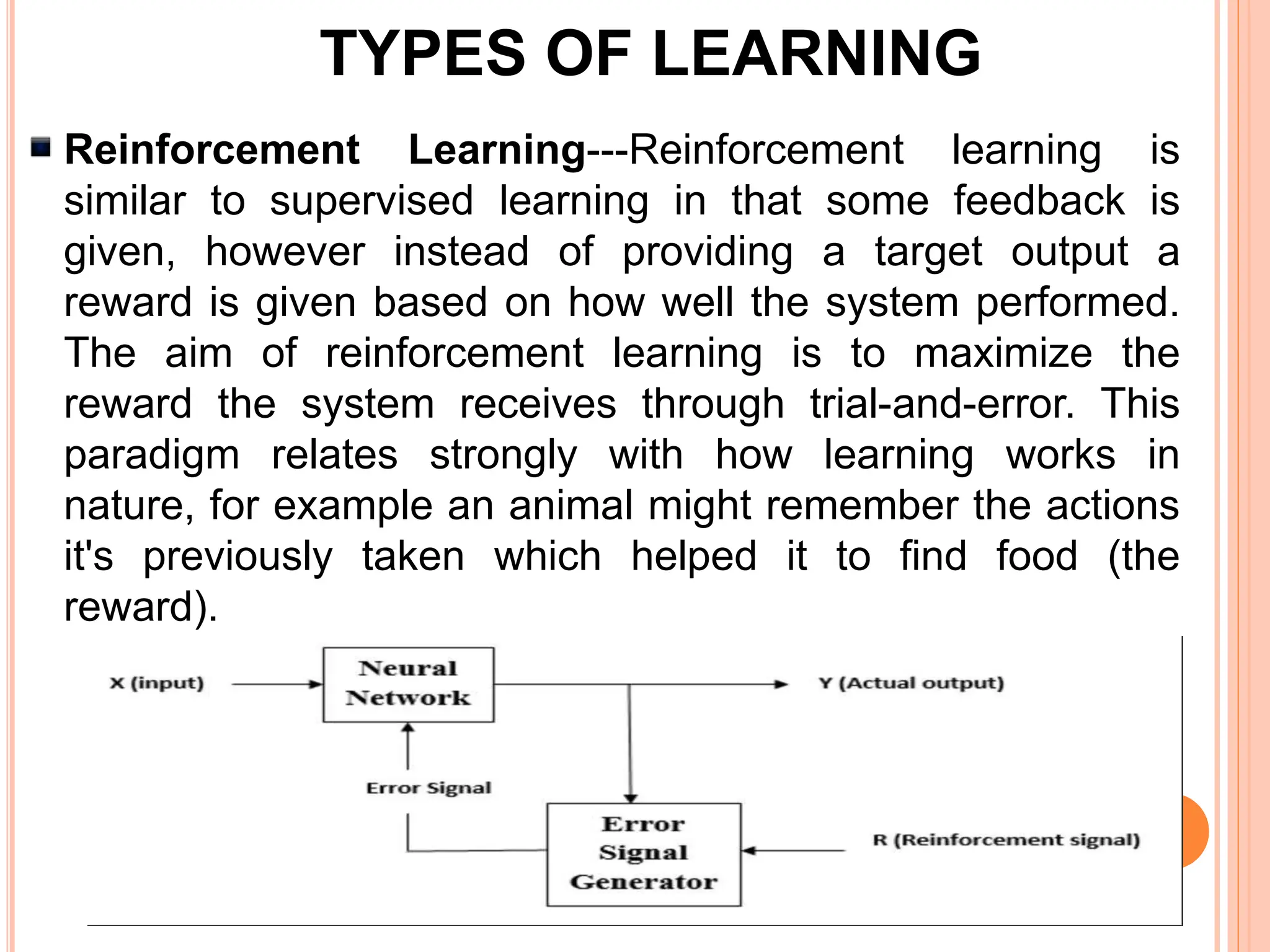 Reinforcement Learning---Reinforcement learning is
similar to supervised learning in that some feedback is
given, however instead of providing a target output a
reward is given based on how well the system performed.
The aim of reinforcement learning is to maximize the
reward the system receives through trial-and-error. This
paradigm relates strongly with how learning works in
nature, for example an animal might remember the actions
it's previously taken which helped it to find food (the
reward).
TYPES OF LEARNING
 