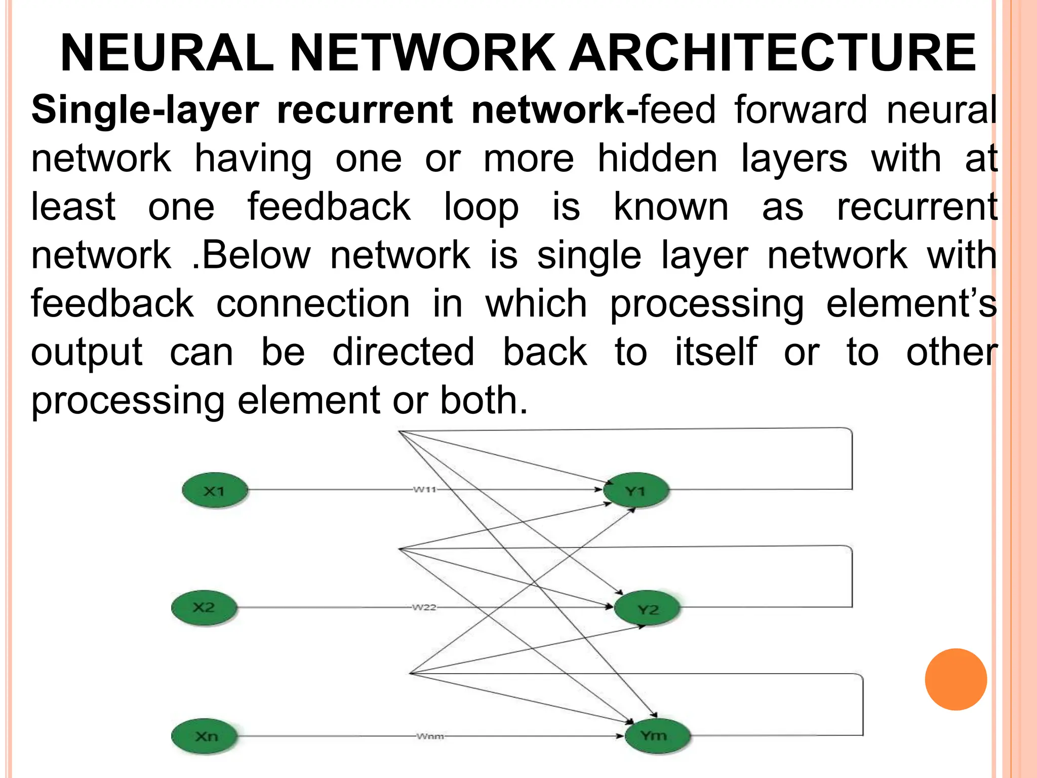 NEURAL NETWORK ARCHITECTURE
Single-layer recurrent network-feed forward neural
network having one or more hidden layers with at
least one feedback loop is known as recurrent
network .Below network is single layer network with
feedback connection in which processing element’s
output can be directed back to itself or to other
processing element or both.
 