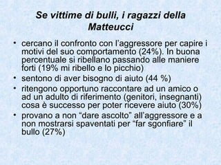 Se vittime di bulli, i ragazzi della Matteucci cercano il confronto con l’aggressore per capire i motivi del suo comportamento (24%). In buona percentuale si ribellano passando alle maniere forti (19% mi ribello e lo picchio) sentono di aver bisogno di aiuto (44 %) ritengono opportuno raccontare ad un amico o ad un adulto di riferimento (genitori, insegnanti) cosa è successo per poter ricevere aiuto (30%) provano a non “dare ascolto” all’aggressore e a non mostrarsi spaventati per “far sgonfiare” il bullo (27%) 