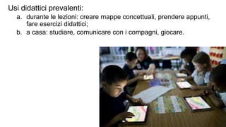Usi didattici prevalenti: 
a. durante le lezioni: creare mappe concettuali, prendere appunti, 
fare esercizi didattici; 
b. a casa: studiare, comunicare con i compagni, giocare. 
 