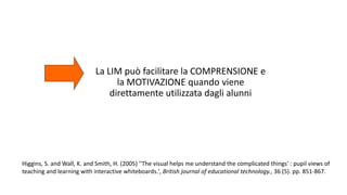 La LIM può facilitare la COMPRENSIONE e 
la MOTIVAZIONE quando viene 
direttamente utilizzata dagli alunni 
Higgins, S. and Wall, K. and Smith, H. (2005) ''The visual helps me understand the complicated things' : pupil views of 
teaching and learning with interactive whiteboards.', British journal of educational technology., 36 (5). pp. 851-867. 
 