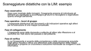 Sceneggiature didattiche con la LIM: esempio 
Fase osservativa 
Dopo aver mostrato delle immagini, l'insegnante propone di individuare gli 
elementi più significativi e accompagna gli alunni a raccogliere e organizzare 
quanto emerge dall'attività. 
Fase operativa - lavori di gruppo 
L'insegnante distribuisce dei documenti e dà indicazioni operative agli allievi 
per la costruzione di una mappa concettuale. 
Fase di collegamento 
L'insegnante pone delle domande e sollecita gli allievi alla riflessione e al 
confronto tra i fatti storici del passato e del presente. 
Fase di verifica 
In cui l'insegnante si accerta delle competenze e delle conoscenze acquisite 
dagli allievi. Ascolta e attiva una riflessione sulle presentazioni delle mappe 
concettuali e propone un cruciverba a soluzione individuale da svolgere in aula 
informatica. 
 