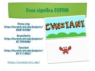 Cosa signiﬁca CODING
Primo step
https://scratch.mit.edu/projects/
80819398/
Granchietto
https://scratch.mit.edu/projects/
81765698/
Canziani
https://scratch.mit.edu/projects/
81711492/
https://scratch.mit.edu/
 