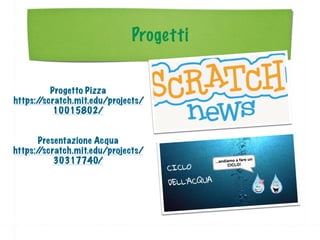 Progetti
Progetto Pizza
https://scratch.mit.edu/projects/
10015802/
Presentazione Acqua
https://scratch.mit.edu/projects/
30317740/
 