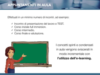 APPUNTAMENTI IN AULA
Effettuati in un minimo numero di incontri, ad esempio:
✓ Incontro di presentazione del lavoro e TEST.
✓ Corso iniziale full immersion.
✓ Corso intermedio.
✓ Corso ﬁnale e valutazione.
I concetti spinti e condensati
in aula vengono sviscerati in
modo incrementale con
l’utilizzo dell’e-learning.
 
