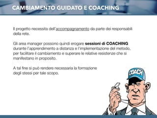 CAMBIAMENTO GUIDATO E COACHING
Il progetto necessita dell’accompagnamento da parte dei responsabili
della rete.
Gli area manager possono quindi erogare sessioni di COACHING
durante l’apprendimento a distanza e l’implementazione del metodo,
per facilitare il cambiamento e superare le relative resistenze che si
manifestano in proposito.
A tal ﬁne si può rendere necessaria la formazione
degli stessi per tale scopo.
 