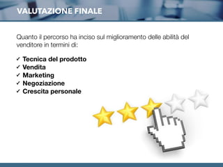 VALUTAZIONE FINALE
✓ Tecnica del prodotto
✓ Vendita
✓ Marketing
✓ Negoziazione
✓ Crescita personale
Quanto il percorso ha inciso sul miglioramento delle abilità del
venditore in termini di:
 