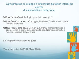 fattori individuali (biologici, genetici, psicologici)
fattori familiari e sociali (coppia, bambino, fratelli, amici, lavoro,
famiglia allargata)
fattori legati alla società e all’ambiente (ambiente fisico e
salute, servizi e risorse della comunità, condizioni economiche e
familiari, supporti del governo)
e le reciproche interazioni tra questi
(Cummimgs et al. 2000, Di Blasio 2005).
Ogni processo di sviluppo è influenzato da fattori interni ed
esterni
di vulnerabilità e protezione:
 