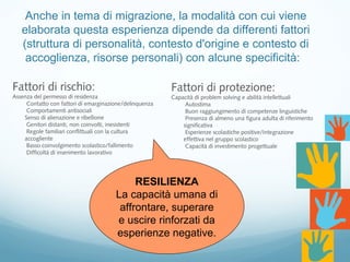 Anche in tema di migrazione, la modalità con cui viene
elaborata questa esperienza dipende da differenti fattori
(struttura di personalità, contesto d'origine e contesto di
accoglienza, risorse personali) con alcune specificità:
Fattori di rischio:
Assenza del permesso di residenza
Contatto con fattori di emarginazione/delinquenza
Comportamenti antisociali
Senso di alienazione e ribellione
Genitori distanti, non coinvolti, inesistenti
Regole familiari conflittuali con la cultura
accogliente
Basso coinvolgimento scolastico/fallimento
Difficoltà di inserimento lavorativo
Fattori di protezione:
Capacità di problem solving e abilità intellettuali
Autostima
Buon raggiungimento di competenze linguistiche
Presenza di almeno una figura adulta di riferimento
significativa
Esperienze scolastiche positive/Integrazione
effettiva nel gruppo scolastico
Capacità di investimento progettuale
RESILIENZA
La capacità umana di
affrontare, superare
e uscire rinforzati da
esperienze negative.
 