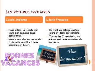 LES RYTHMES SCOLAIRES
o Nous allons à l'école six
jours par semaine sans
après-midi.
o Nous avons des vacances de
trois mois en été et deux
semaines en hiver.
o Ils vont au collège quatre
jours et demi par semaine.
o Toutes les 7 semaines, les
élèves ont deux semaines de
vacances.
L’école Italienne L’école Française
 