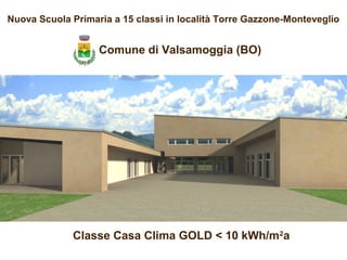 Nuova Scuola Primaria a 15 classi in località Torre Gazzone-Monteveglio
Classe Casa Clima GOLD < 10 kWh/m2
a
Comune di Valsamoggia (BO)
 