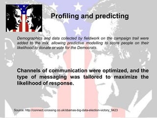 Profiling and predicting


  Demographics and data collected by fieldwork on the campaign trail were
  added to the mix, allowing predictive modelling to score people on their
  likelihood to donate or vote for the Democrats.




  Channels of communication were optimized, and the
  type of messaging was tailored to maximize the
  likelihood of response.




Source: http://connect.icrossing.co.uk/obamas-big-data-election-victory_9423
 