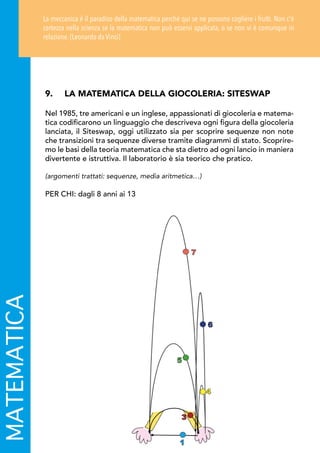 MATEMATICA
9.	 LA MATEMATICA DELLA GIOCOLERIA: SITESWAP
Nel 1985, tre americani e un inglese, appassionati di giocoleria e matema-
tica codificarono un linguaggio che descriveva ogni figura della giocoleria
lanciata, il Siteswap, oggi utilizzato sia per scoprire sequenze non note
che transizioni tra sequenze diverse tramite diagrammi di stato. Scoprire-
mo le basi della teoria matematica che sta dietro ad ogni lancio in maniera
divertente e istruttiva. Il laboratorio è sia teorico che pratico.
(argomenti trattati: sequenze, media aritmetica…)
PER CHI: dagli 8 anni ai 13
La meccanica è il paradiso della matematica perché qui se ne possono cogliere i frutti. Non c'è
certezza nella scienza se la matematica non può esservi applicata, o se non vi è comunque in
relazione. (Leonardo da Vinci)
 