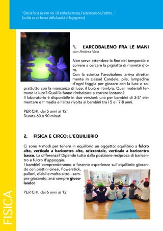 FISICA
1.	 L’ARCOBALENO FRA LE MANI
con Andrea Vico
Non serve attendere la fine del temporale e
correre a cercare la pignatta di monete d'o-
ro.
Con la scienza l'arcobaleno arriva diretta-
mente in classe! Candele, pile, lampadine
d'ogni foggia per giocare con la luce e so-
prattutto con la mancanza di luce, il buio e l'ombra. Quali materiali fer-
mano la luce? Quali la fanno rimbalzare e correre lontano?
Il laboratorio è disponibile in due versioni: una per bambini di 3-5° ele-
mentare e Ia
media e l’altra rivolta ai bambini tra i 5 e i 7-8 anni.
PER CHI: dai 5 anni ai 12
Durata 60 o 90 minuti
2.	 FISICA E CIRCO: L'EQUILIBRIO
Ci sono 4 modi per tenere in equilibrio un oggetto: equilibrio a fulcro
alto, verticale a baricentro alto, orizzontale, verticale a baricentro
basso. La differenza? Dipende tutto dalla posizione reciproca di baricen-
tro e fulcro d'appoggio.
I bambini comprenderanno e faranno esperienze sull'equilibrio giocan-
do con piattini cinesi, flowerstick,
palloni, diabli e molto altro...sem-
pre giocando, anzi sempre gioco-
lando!
PER CHI: dai 6 anni ai 12
“Che la forza sia con noi. Ed anche la massa, l'accelerazione, l'attrito...”
(scritta su un banco della facoltà di Ingegneria)
 
