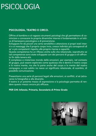 PSICOLOGIA, TEATRO E CIRCO.
Offrire al bambino e al ragazzo strumenti psicologi che gli permettano di co-
minciare a conoscere le proprie dinamiche interne è fondamentale in un'otti-
ca di benessere psicologico e di prevenzione.
Sviluppare fin da piccoli una certa sensibilità e attenzione ai propri stati inter-
ni e ai messaggi che il proprio corpo invia, cresce individui più consapevoli di
se' e più competenti rispetto alle proprie risorse e capacità.
Questa competenza ha un riflesso anche sulla vita relazionale, soprattutto se
tali competenze sono state sviluppate con dei percorsi di gruppo e di raffron-
to fin dalla tenera età.
Il complesso e misterioso mondo delle emozioni, per esempio, nel contesto
di gruppo, può essere esplorato come qualcosa che è dentro il nostro corpo
e la nostra mente, ma che fa parte anche del corpo e la mente del nostro
compagno, e così subito ne nasce un significato relazionale, di scambio, di
possibile comunicazione.
Presentiamo una serie di percorsi legati alle emozioni, ai conflitti, al sé (attra-
verso la fotografia) e alla diversità.
Il teatro è un potente mezzo di espressione e la psicologia permette di ren-
dere questo mezzo ancora più efficace.
PER CHI: Infanzia. Primaria, Secondaria di Primo Grado
PSICOLOGIA
 