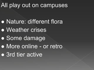 All play out on campuses
● Nature: different flora
● Weather crises
● Some damage
● More online - or retro
● 3rd tier active
 