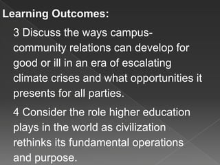 Learning Outcomes:
3 Discuss the ways campus-
community relations can develop for
good or ill in an era of escalating
climate crises and what opportunities it
presents for all parties.
4 Consider the role higher education
plays in the world as civilization
rethinks its fundamental operations
and purpose.
 